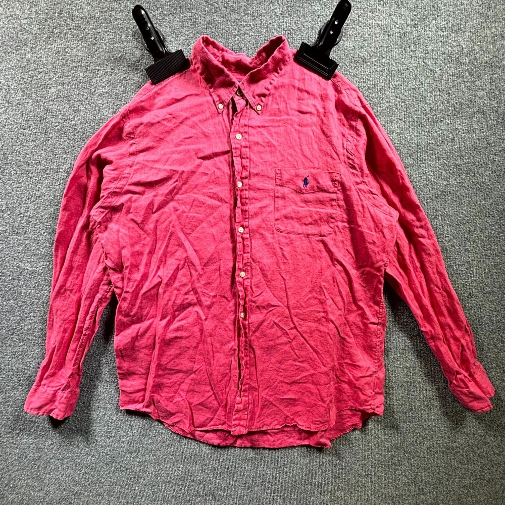 Polo Ralph Lauren Shirt Mens XL Fuchsia Pink 100% Linen Button Front Classic Fit